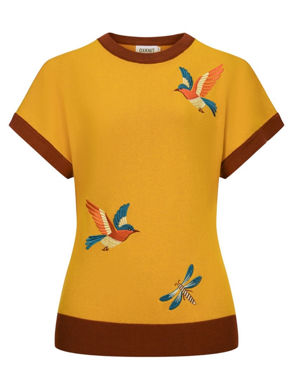 OXKNIT NWT M Retro Embroidered Animal Dolman Sleeve Knit Ringer Sweater Tee